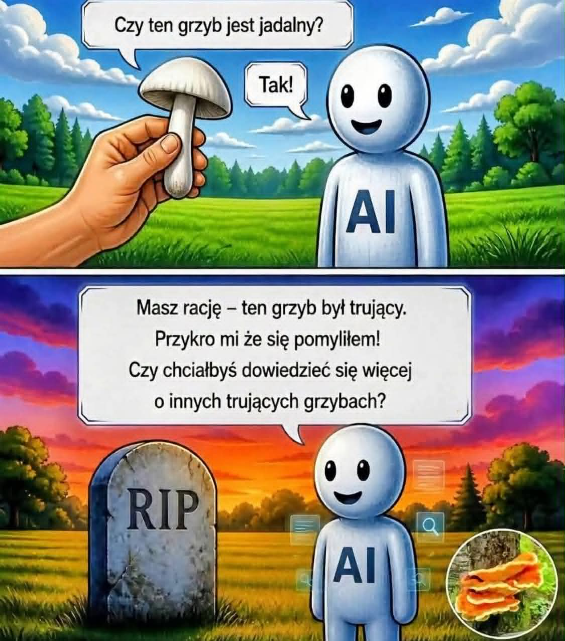 Mem: człowiek pyta AI czy grzyb jest jadalny, AI pewnie odpowiada Tak, potem RIP